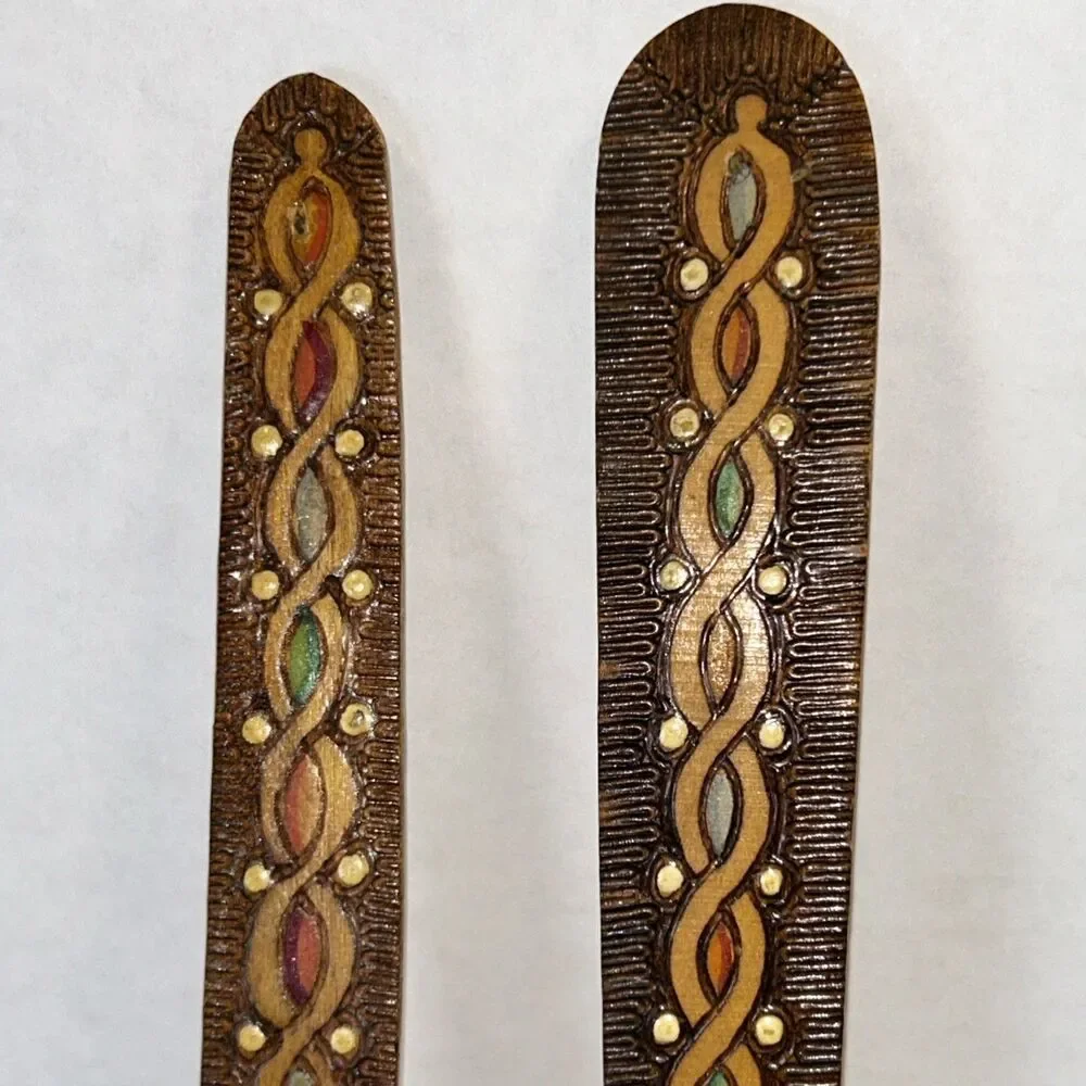 Hand Carved & Painted Wood Small Serving Fork & Spoon Set with Flowers